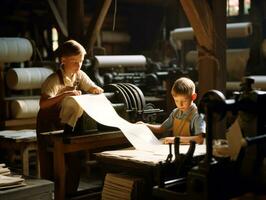 histórico de colores foto de un niños diario trabajo en el 1900 ai generativo