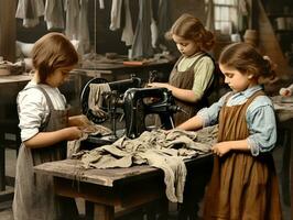 histórico de colores foto de un niños diario trabajo en el 1900 ai generativo