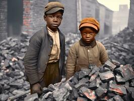 histórico de colores foto de un niños diario trabajo en el 1900 ai generativo