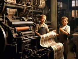 Historic colored photo of a kids daily work in the 1900s AI Generative