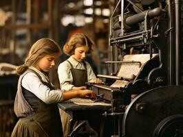 Historic colored photo of a kids daily work in the 1900s AI Generative