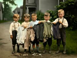 histórico de colores foto de un niños diario trabajo en el 1900 ai generativo