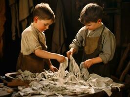 histórico de colores foto de un niños diario trabajo en el 1900 ai generativo