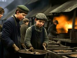 histórico de colores foto de un niños diario trabajo en el 1900 ai generativo