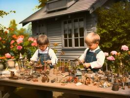 Historic colored photo of a kids daily work in the 1900s AI Generative