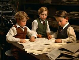 Historic colored photo of a kids daily work in the 1900s AI Generative