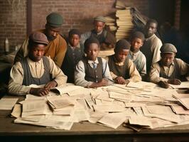 histórico de colores foto de un niños diario trabajo en el 1900 ai generativo