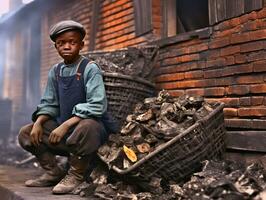 histórico de colores foto de un niños diario trabajo en el 1900 ai generativo