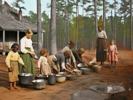 histórico de colores foto de un niños diario trabajo en el 1900 ai generativo