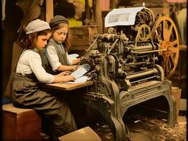 histórico de colores foto de un niños diario trabajo en el 1900 ai generativo