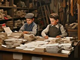 histórico de colores foto de un niños diario trabajo en el 1900 ai generativo