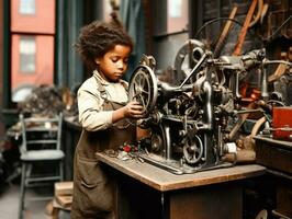 histórico de colores foto de un niños diario trabajo en el 1900 ai generativo