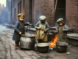 Historic colored photo of a kids daily work in the 1900s AI Generative