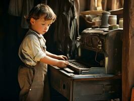 histórico de colores foto de un niños diario trabajo en el 1900 ai generativo