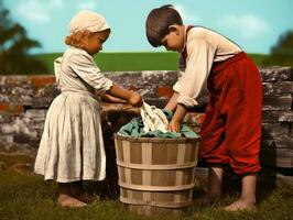 Historic colored photo of a kids daily work in the 1900s AI Generative