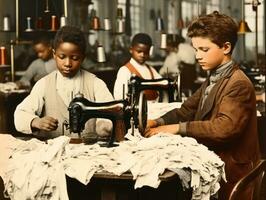 histórico de colores foto de un niños diario trabajo en el 1900 ai generativo