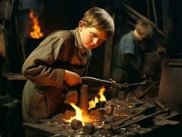 histórico de colores foto de un niños diario trabajo en el 1900 ai generativo