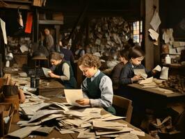 Historic colored photo of a kids daily work in the 1900s AI Generative