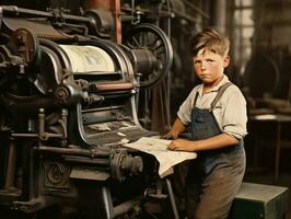 histórico de colores foto de un niños diario trabajo en el 1900 ai generativo