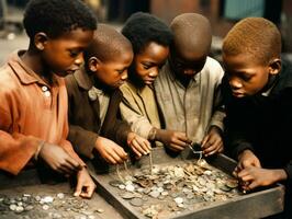 histórico de colores foto de un niños diario trabajo en el 1900 ai generativo