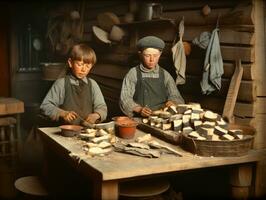 histórico de colores foto de un niños diario trabajo en el 1900 ai generativo