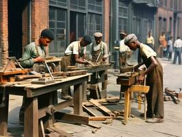 histórico de colores foto de un niños diario trabajo en el 1900 ai generativo