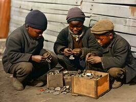 histórico de colores foto de un niños diario trabajo en el 1900 ai generativo