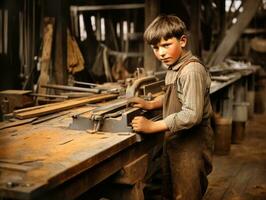 histórico de colores foto de un niños diario trabajo en el 1900 ai generativo