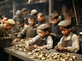 histórico de colores foto de un niños diario trabajo en el 1900 ai generativo