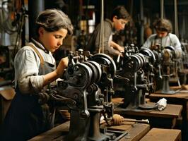 histórico de colores foto de un niños diario trabajo en el 1900 ai generativo