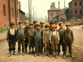 histórico de colores foto de un niños diario trabajo en el 1900 ai generativo