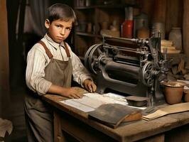 histórico de colores foto de un niños diario trabajo en el 1900 ai generativo