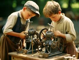 Historic colored photo of a kids daily work in the 1900s AI Generative