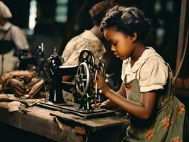 histórico de colores foto de un niños diario trabajo en el 1900 ai generativo