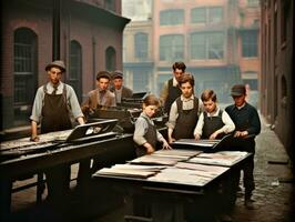 histórico de colores foto de un niños diario trabajo en el 1900 ai generativo