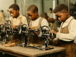 histórico de colores foto de un niños diario trabajo en el 1900 ai generativo