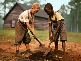 Historic colored photo of a kids daily work in the 1900s AI Generative