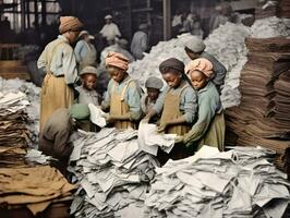 histórico de colores foto de un niños diario trabajo en el 1900 ai generativo