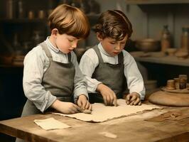 histórico de colores foto de un niños diario trabajo en el 1900 ai generativo