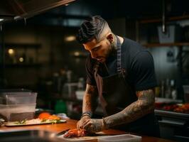 masculino cocinero crea culinario obras maestras en un bullicioso cocina ai generativo foto