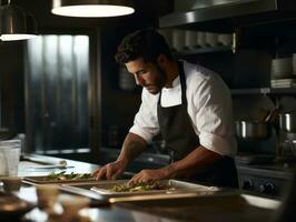 masculino cocinero crea culinario obras maestras en un bullicioso cocina ai generativo foto