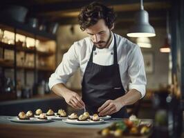 masculino cocinero crea culinario obras maestras en un bullicioso cocina ai generativo foto