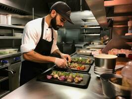 masculino cocinero crea culinario obras maestras en un bullicioso cocina ai generativo foto