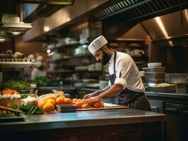 masculino cocinero crea culinario obras maestras en un bullicioso cocina ai generativo foto