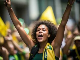 Brazilian woman celebrates his soccer teams victory AI Generative photo