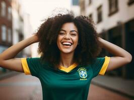 brasileño mujer celebra su fútbol equipos victoria ai generativo foto