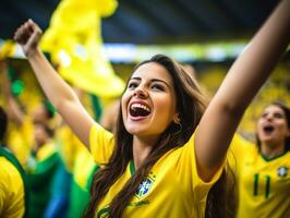 Brazilian woman celebrates his soccer teams victory AI Generative photo