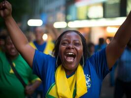 brasileño mujer celebra su fútbol equipos victoria ai generativo foto