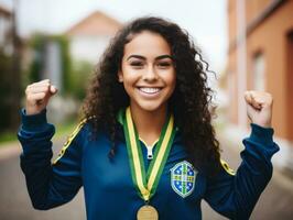 brasileño mujer celebra su fútbol equipos victoria ai generativo foto