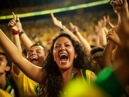 brasileño mujer celebra su fútbol equipos victoria ai generativo foto